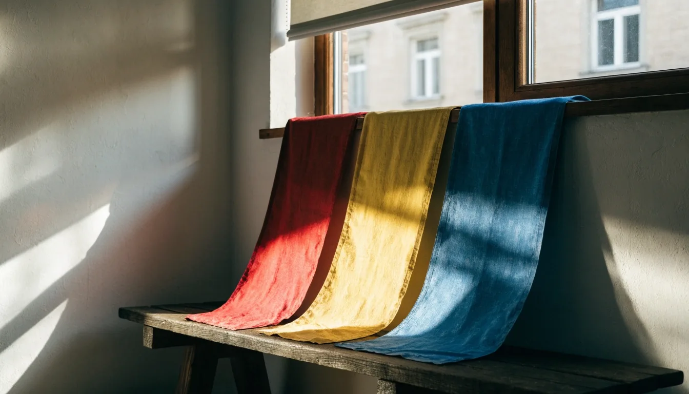 Trzy pionowe tkaniny w kolorach czerwonym, żółtym i niebieskim zawieszone na jasnej ścianie redakcji, oświetlone twardym światłem porannym z okna