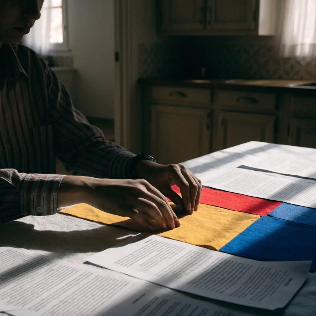 Dłonie układające tkaniny w trzech kolorach na stole