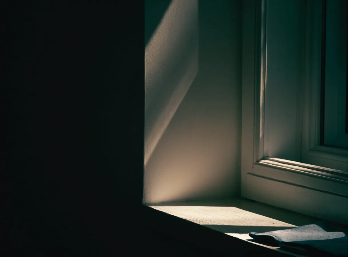 Office sill with hard morning daylight falling across a neutral wall and folded fabric swatches